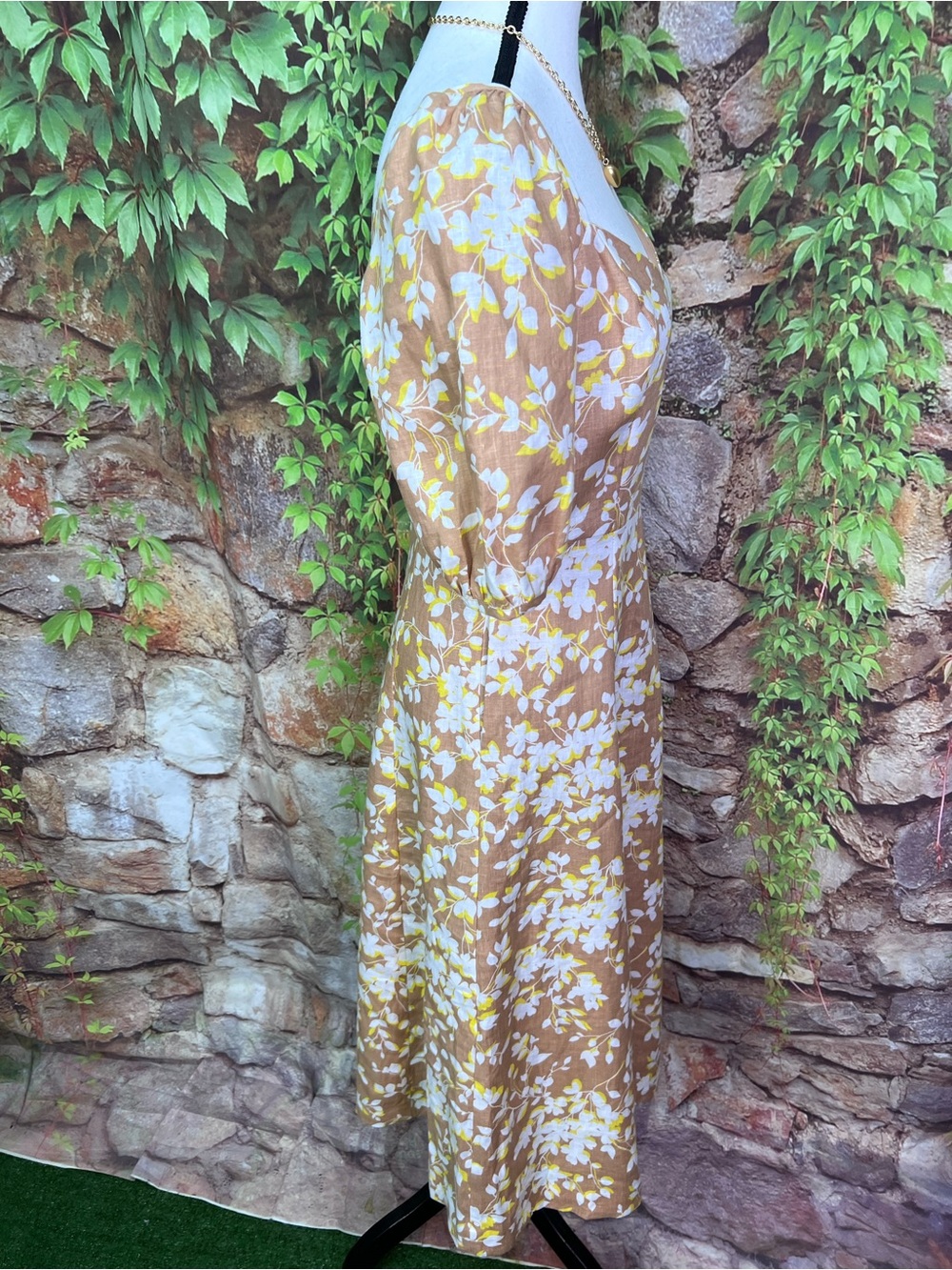 DRAPER JAMES Camel Cottagecore Floral Linen Sweetheart Neckline Dress, 2 - Picture 11 of 14
